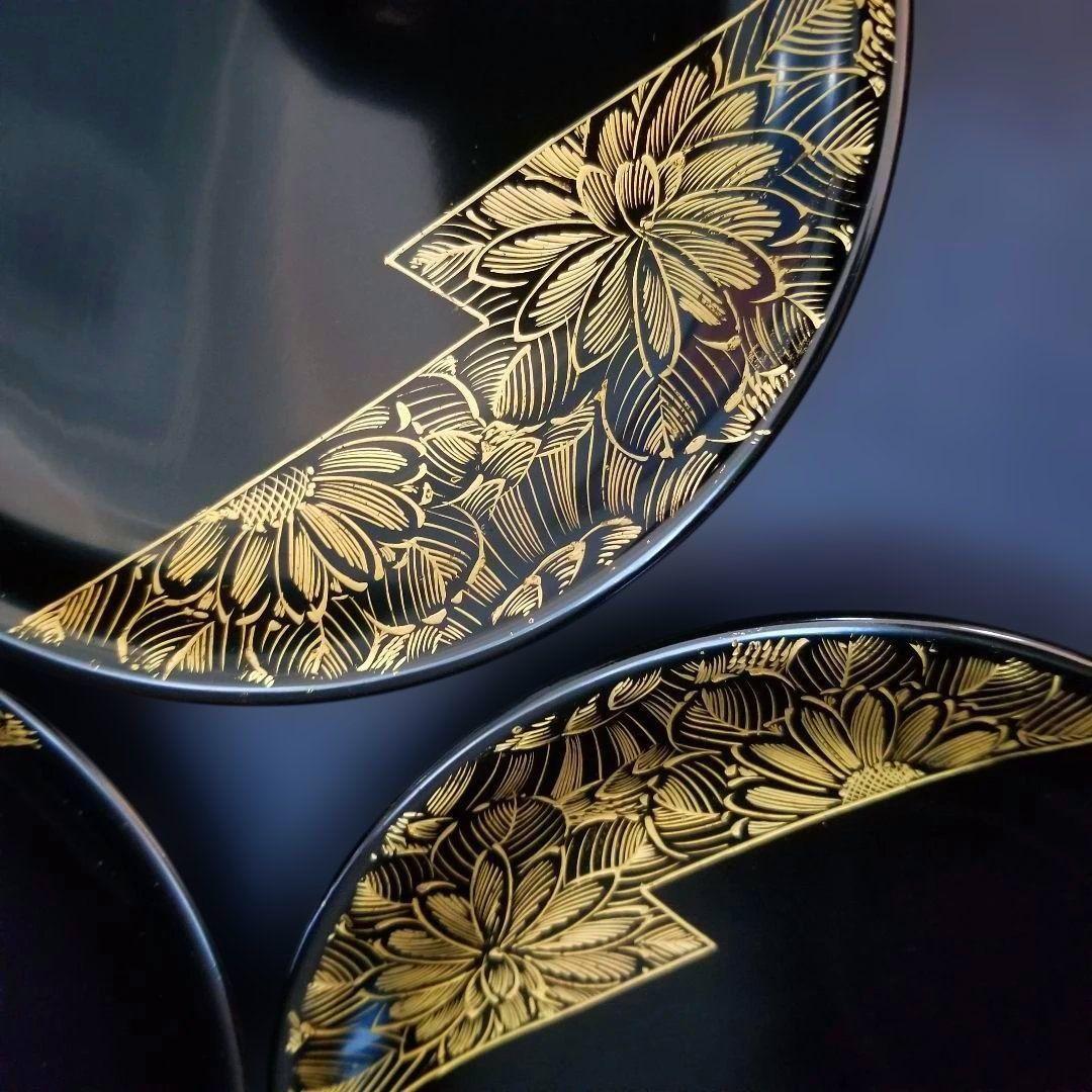 輪島塗 黒漆 沈金 金菊蒔絵 中皿 5枚セット