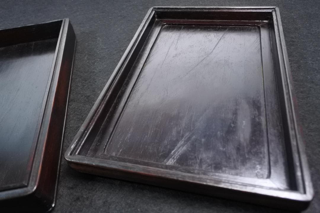 古い硯箱 文箱 紫檀 漢詩 漢文 木彫 骨董 書道