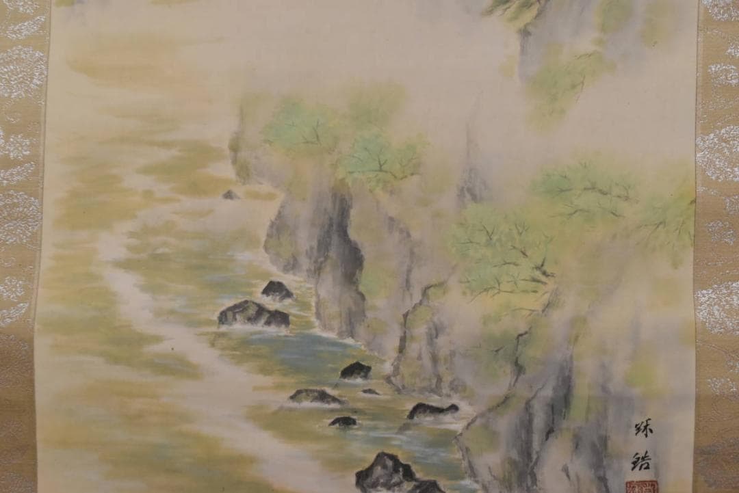 【真作】秋皓/嵐峡山水図/掛軸/名家伝来/AA-872