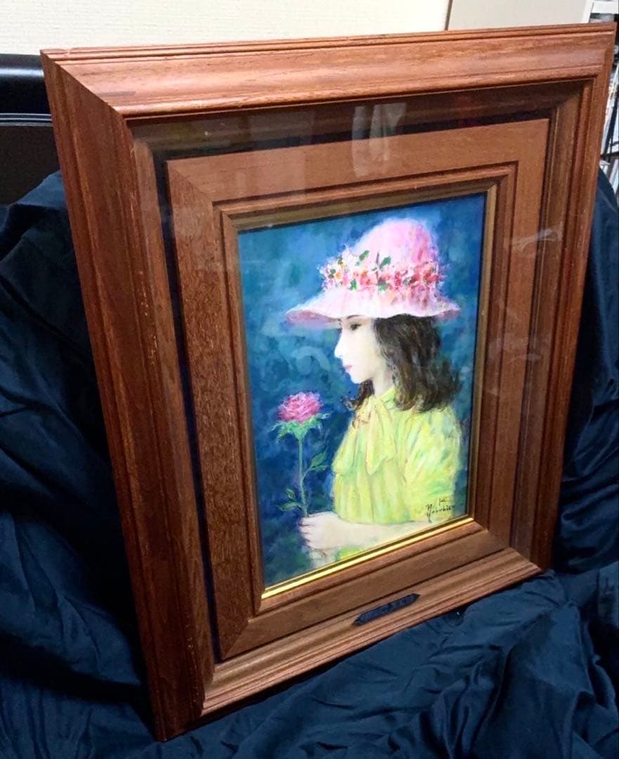 【原画】菊池信博 「少女と花」 油彩／キャンバス 直筆サイン 額装付き