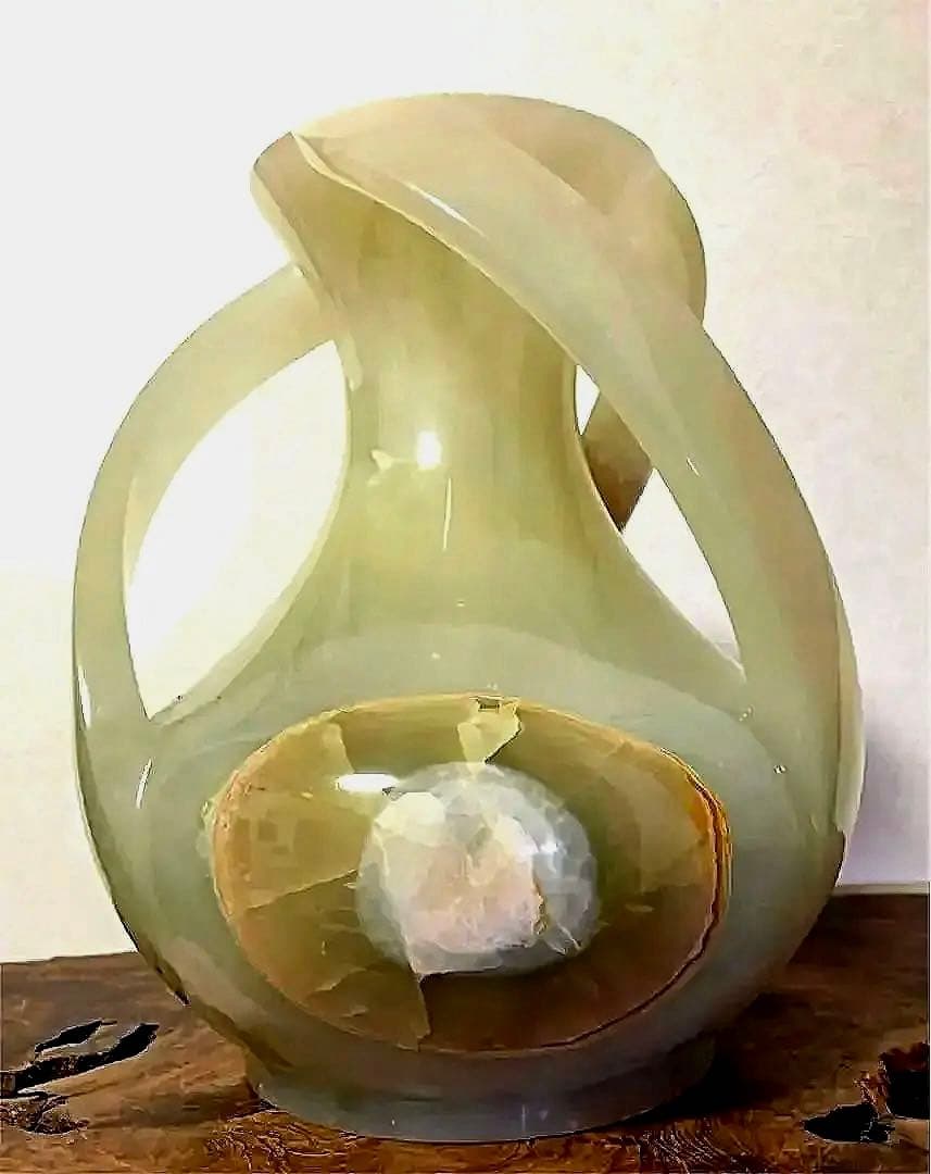 瑪瑙 翡翠 玉 一刀彫り デザイナー (そよかぜ) 花瓶 輝石作 9㎏ 共箱