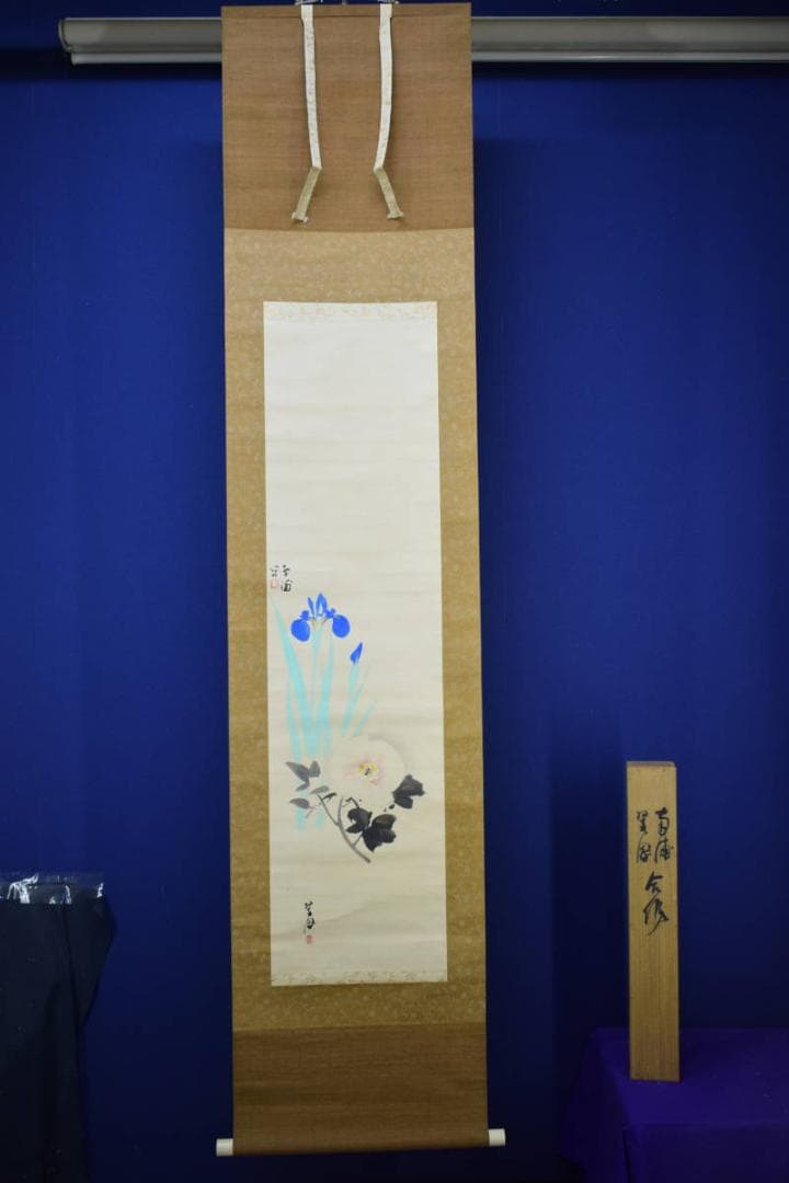 真作/土肥南浦/矢野翠鳳/合作/菖蒲に牡丹図/桐共箱付/布袋屋掛軸HF-409