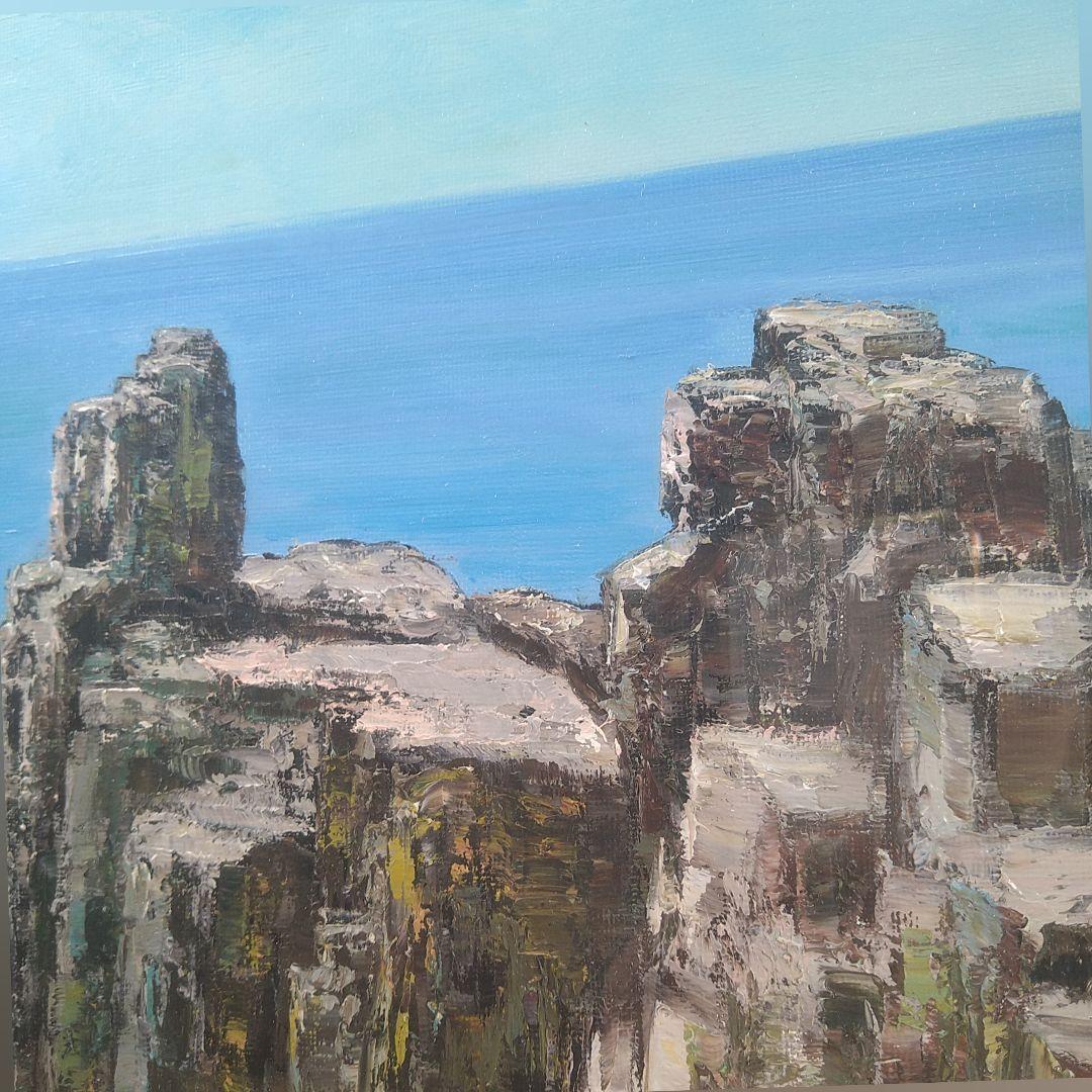 油絵島本良平F6【東尋坊】自筆サイン入り額装額縁