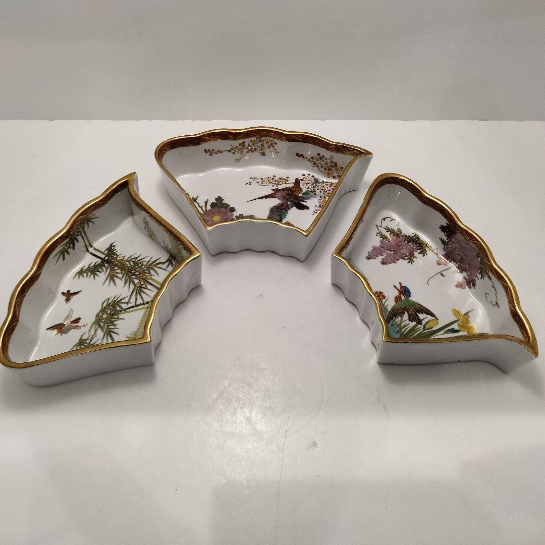 R127 江戸後期～明治期 九谷 金襴手花鳥紋オードブル皿 七点揃 時代箱付　F