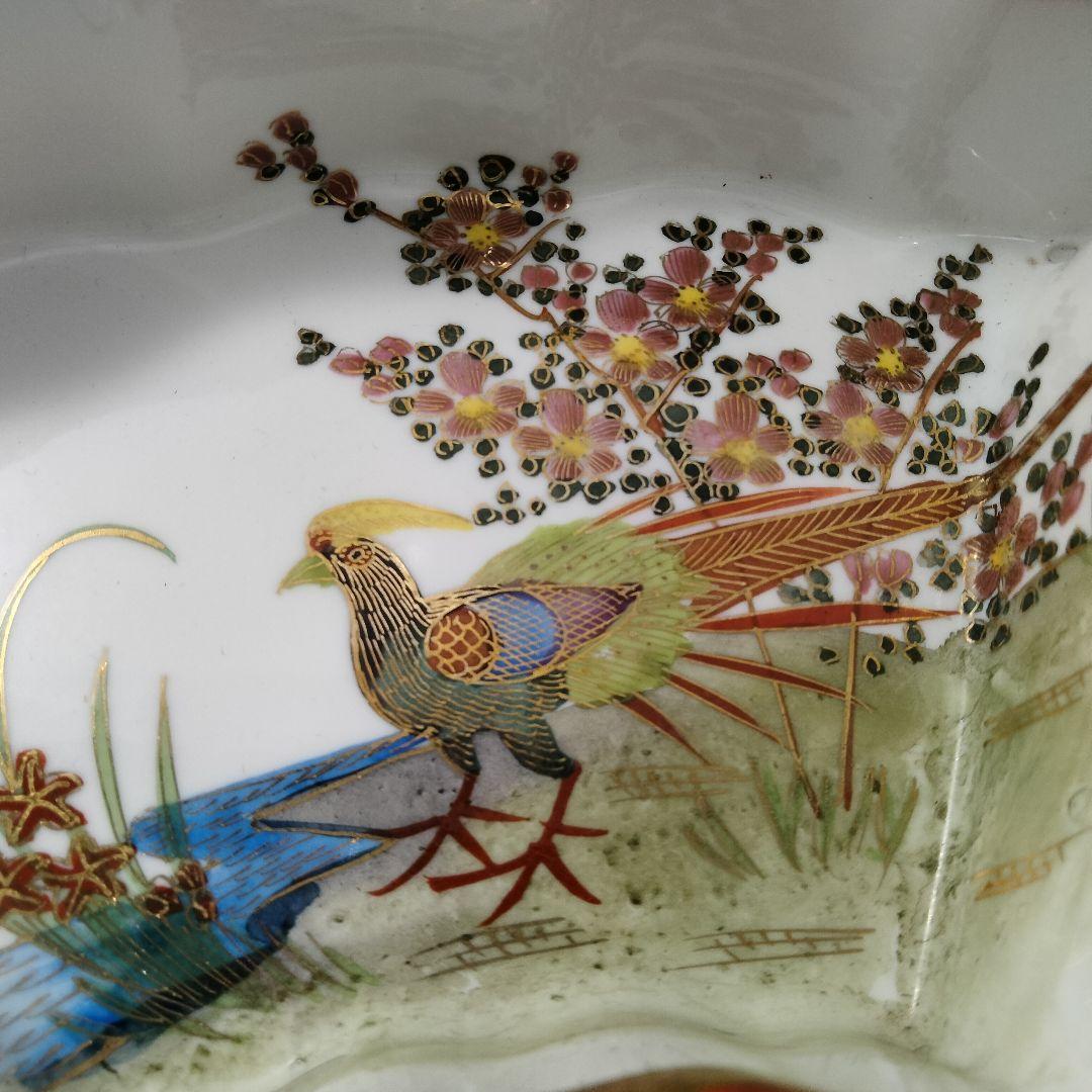 R127 江戸後期～明治期 九谷 金襴手花鳥紋オードブル皿 七点揃 時代箱付　F