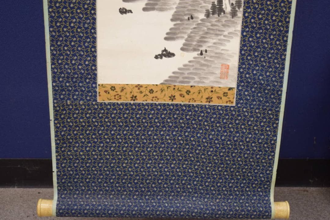 真作/丹楓遠/枉子義之詩/山水村画賛/米法山水画賛/布袋屋掛軸HI-804