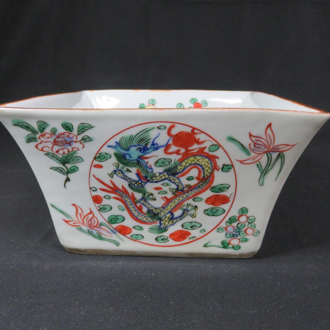 水指 色絵付け 角型 大明壽靖年製 龍 江戸期 中国骨董 赤絵