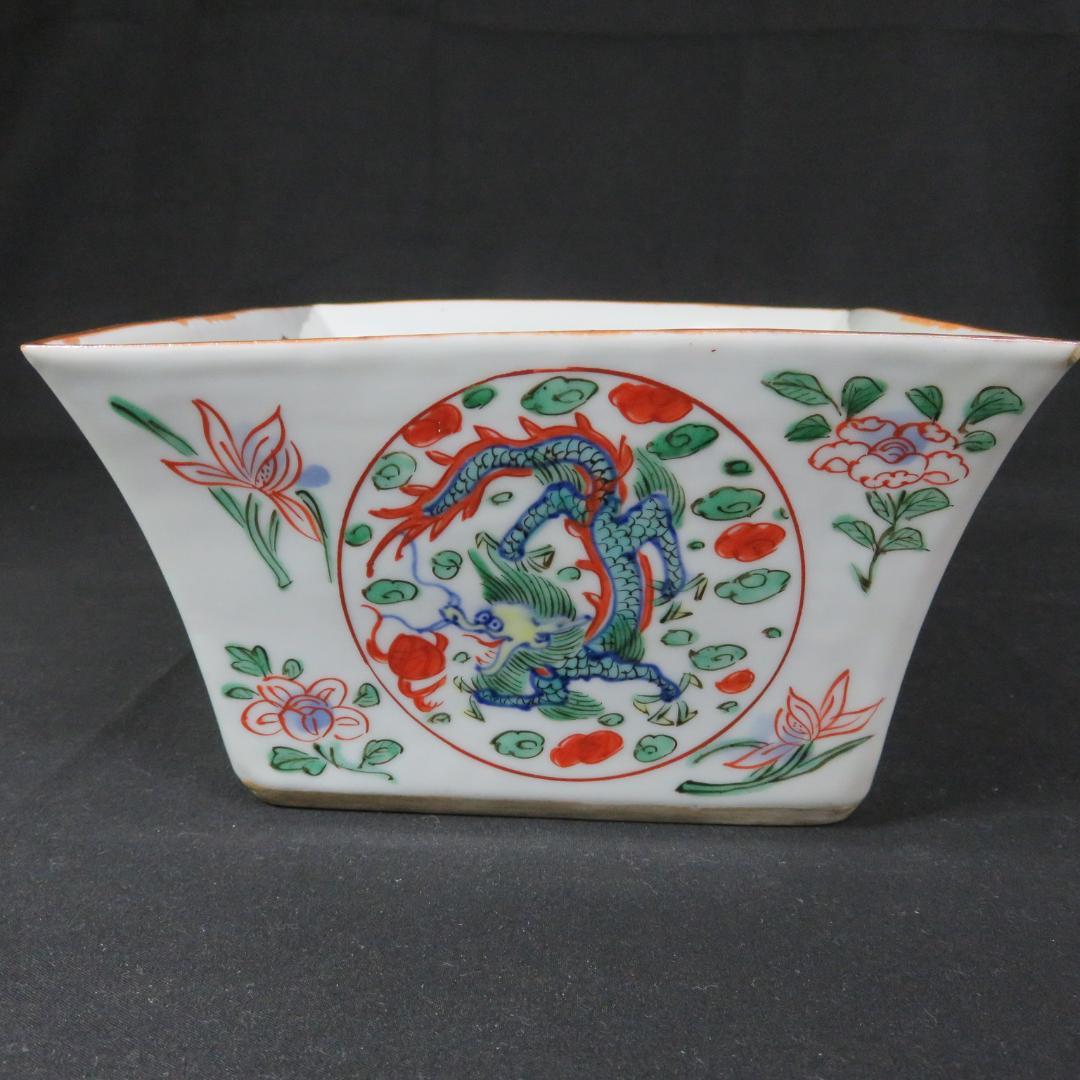 水指 色絵付け 角型 大明壽靖年製 龍 江戸期 中国骨董 赤絵