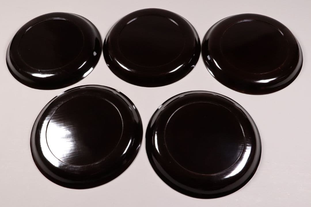 CK91 木製漆器 蟹蘆金蒔絵 黒塗 大徳寺盆 五客 24.5cm 木皿 菓子盆