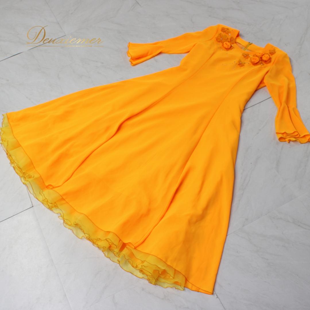 【日本製社交ダンス衣装】ワンピース ドレス オレンジ ラインストーン Mサイズ