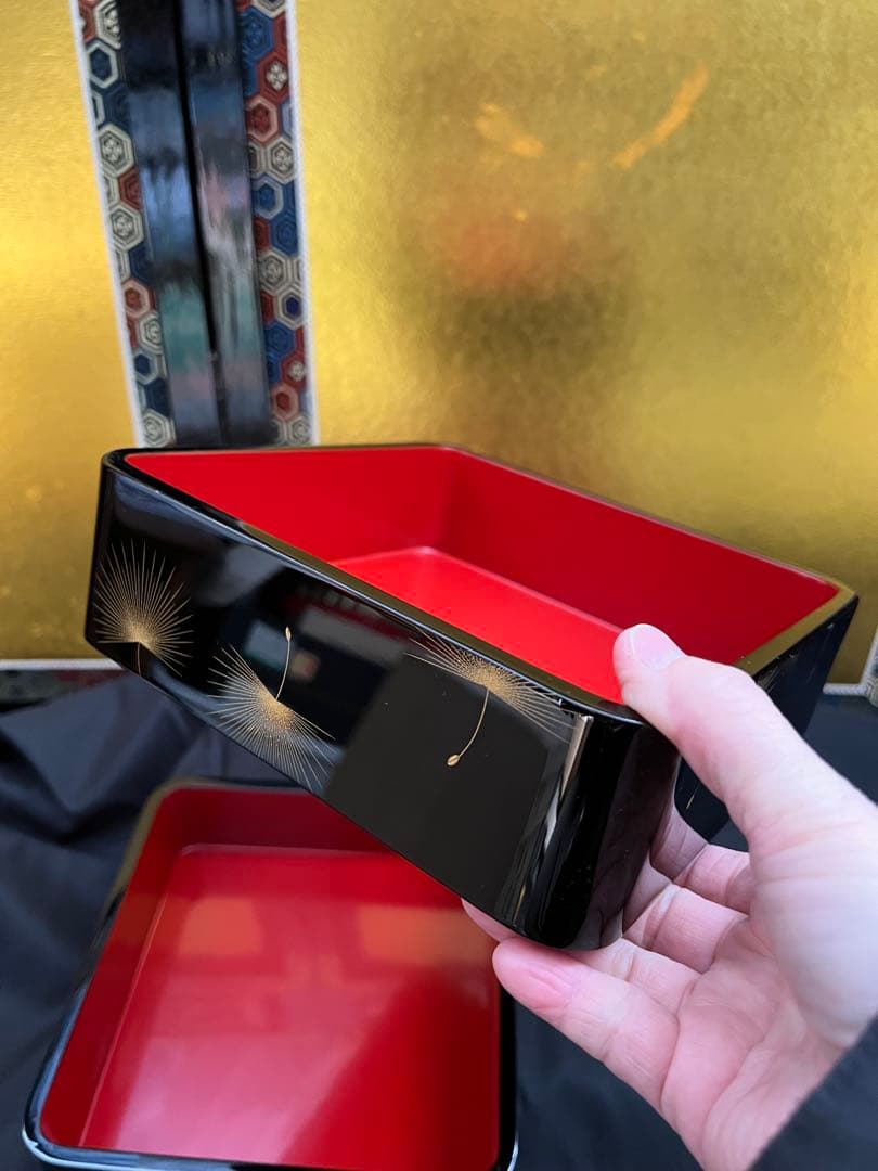 輪島塗　五島屋　布着本堅地　五島屋謹製　金蒔絵　綿毛　三重箱 共箱