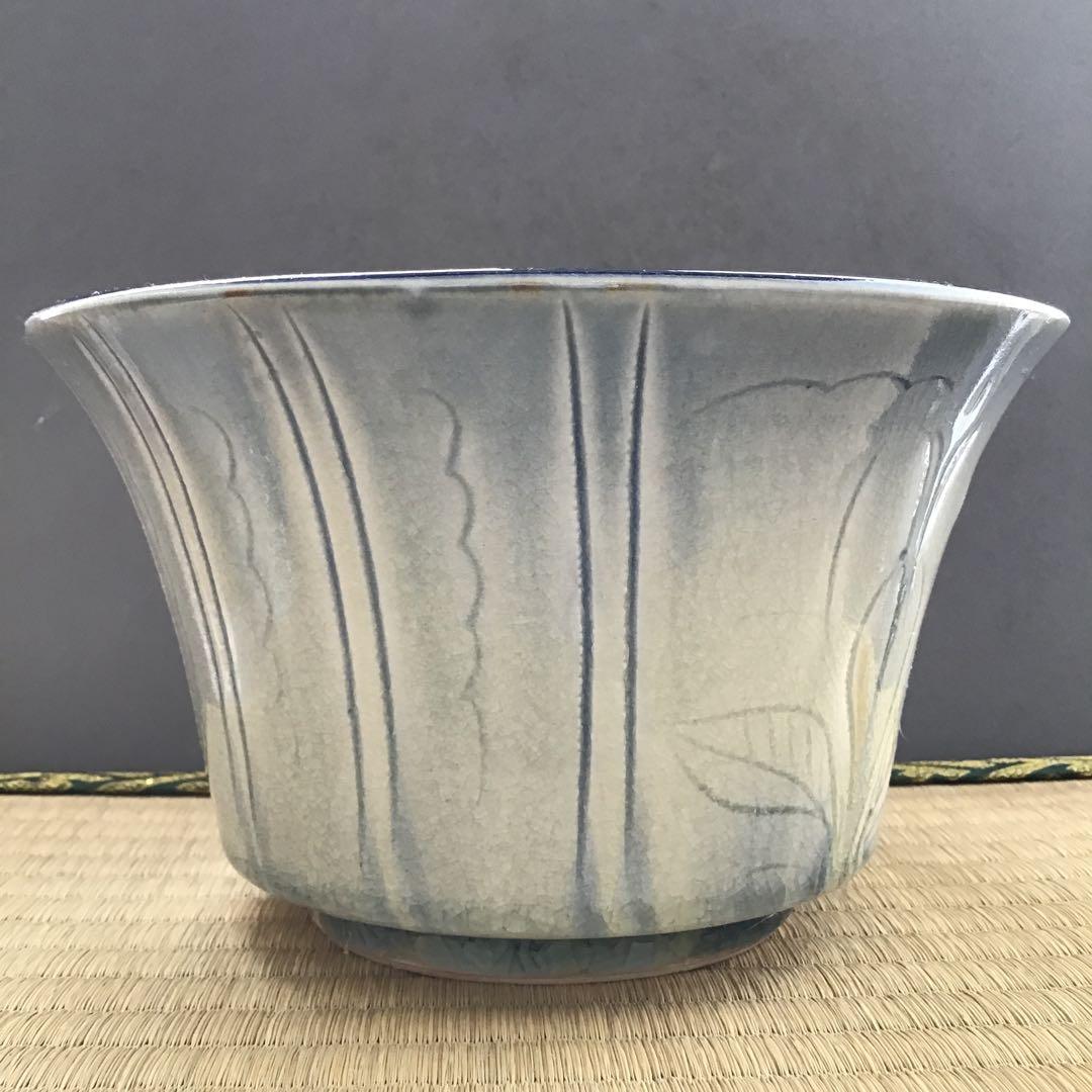 茶器　菓子器　御深井釉単花刻文菓子鉢　大江文象作　無形文化財　共箱　S274KH