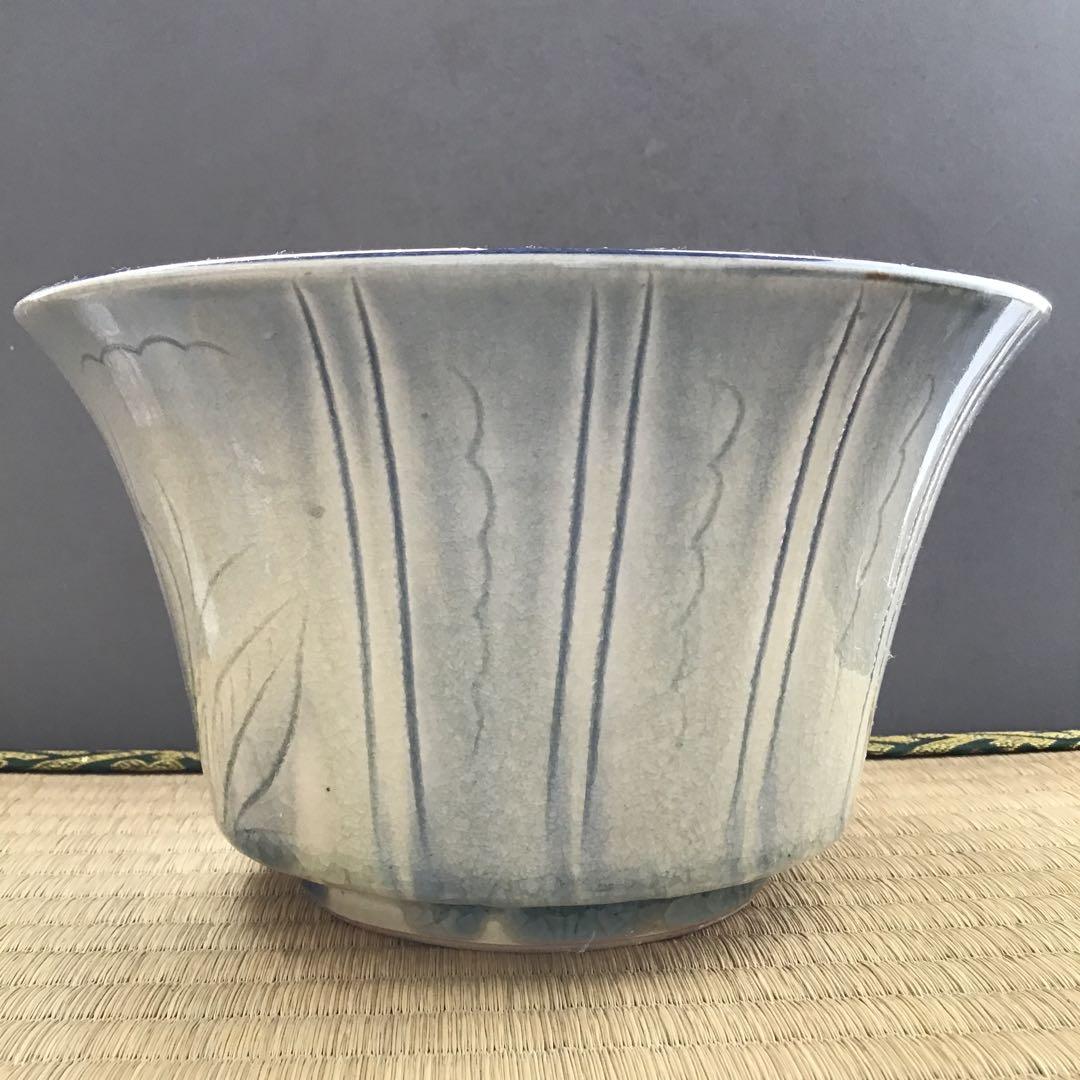 茶器　菓子器　御深井釉単花刻文菓子鉢　大江文象作　無形文化財　共箱　S274KH