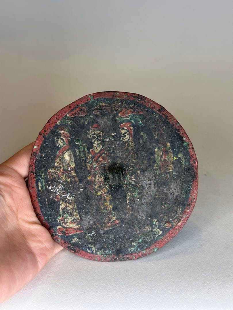 明時代　彩絵人物銅鏡 時代物 民俗装飾