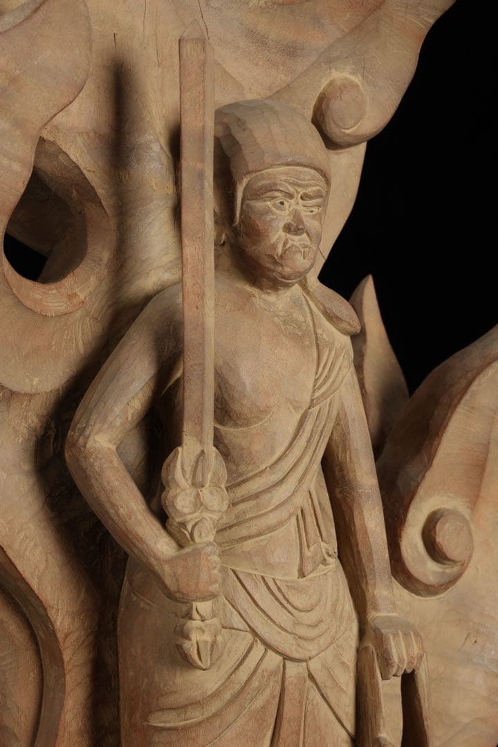 紺綬褒章受章 彫刻家【横山一夢】木彫 不動明王像「明王」49㎝ 置物 共箱 栞付