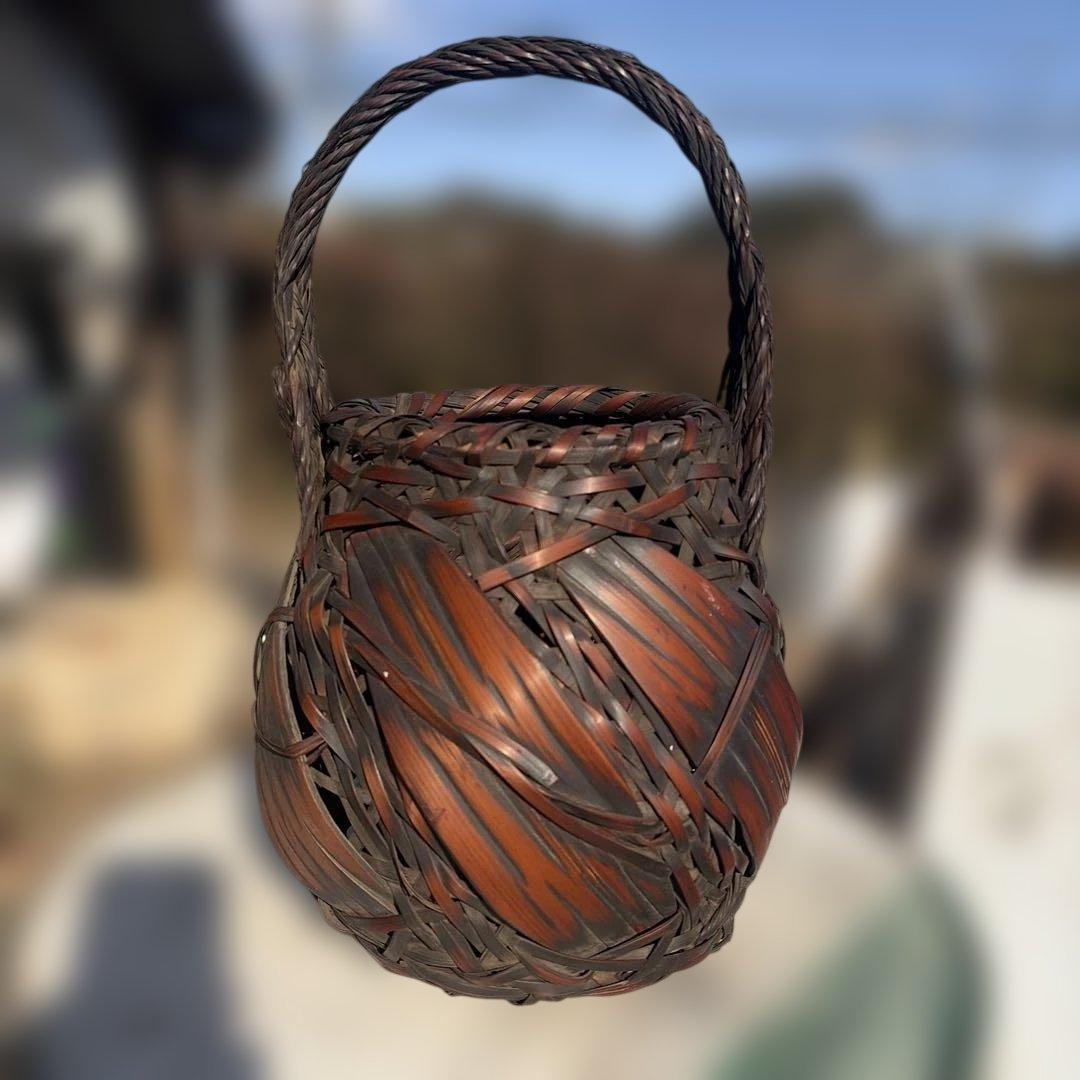 アンティーク　竹製編み込　花籠