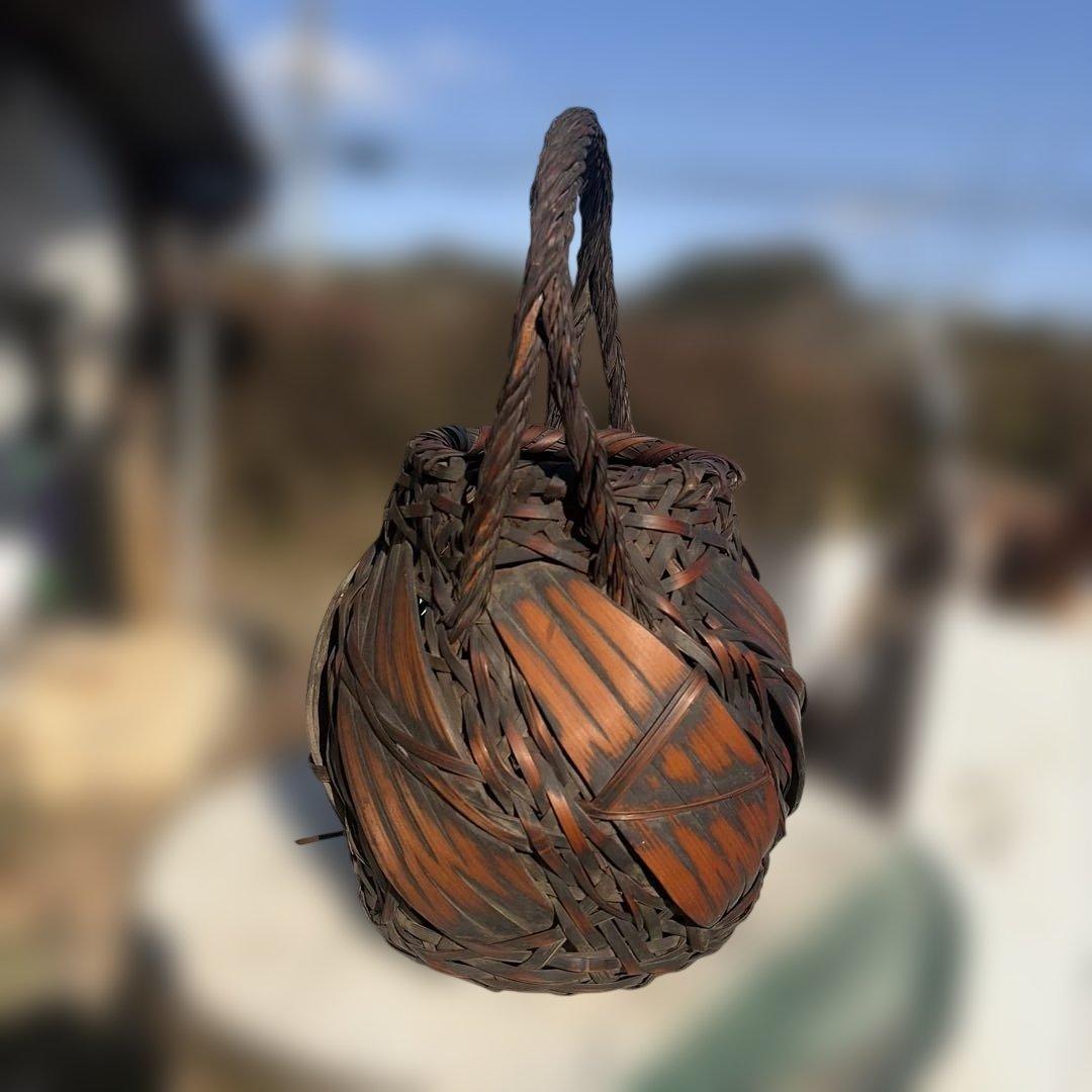 アンティーク　竹製編み込　花籠