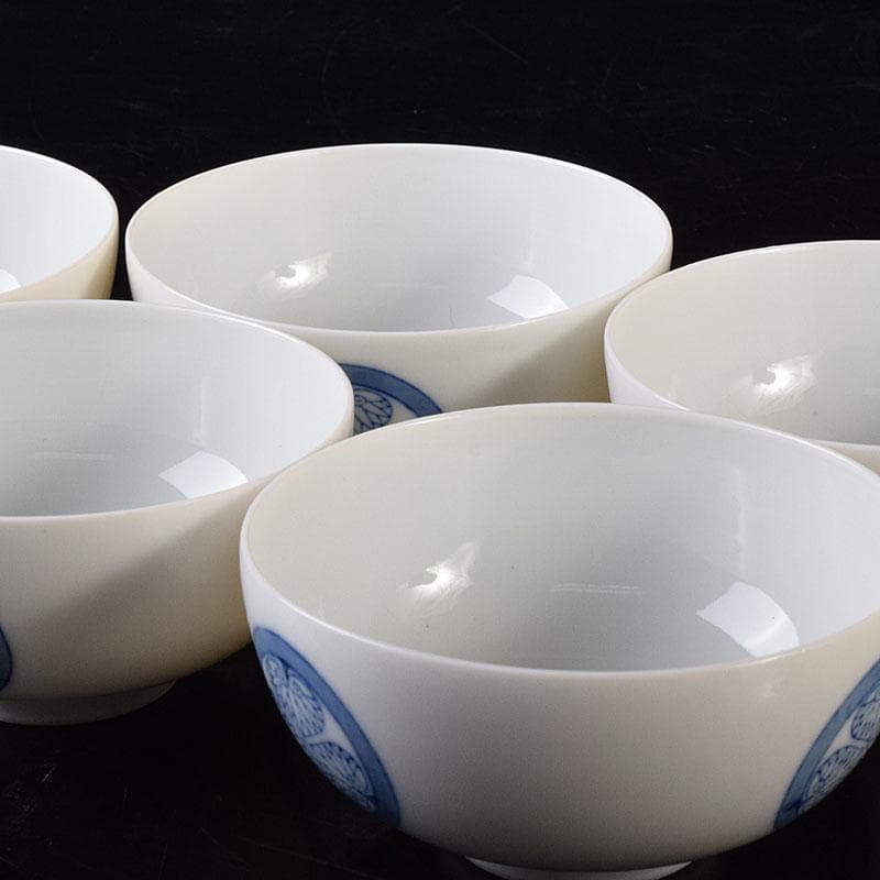 瀬戸焼　古陶園　竹鳳窯　伊藤伊平作 染付　葵紋　汲出茶碗　五客　共箱　C7352