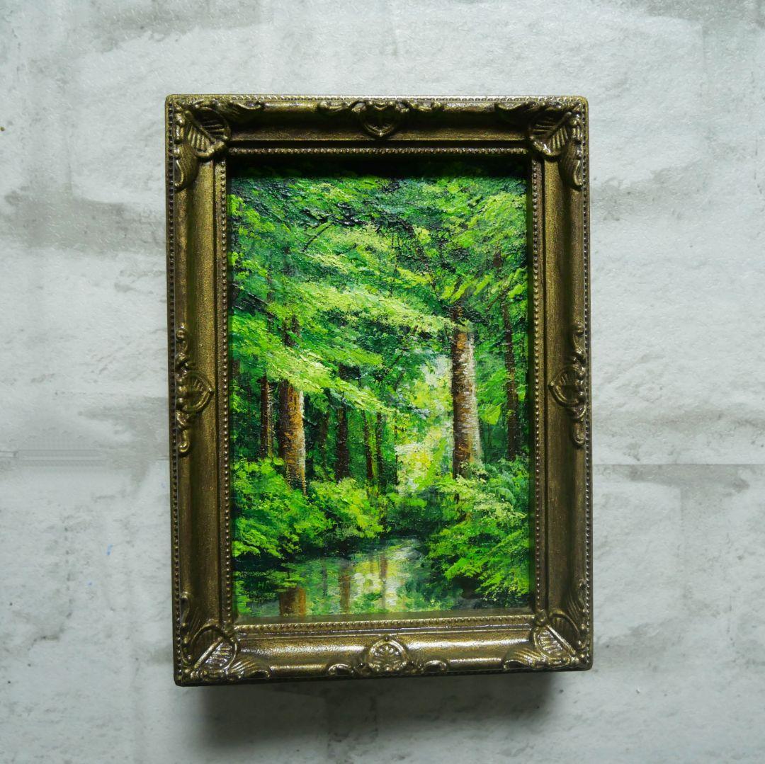 油絵 油彩 油彩画 絵 絵画 キャンバスパネル ミニ絵画【新緑の森】