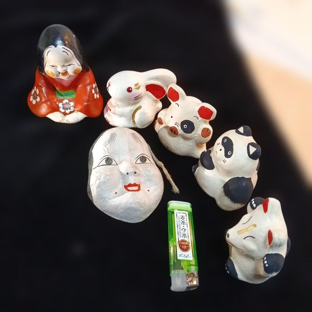 167.郷土玩具 陶器製人形とお張子、兎、豚、狸、狐、極小品