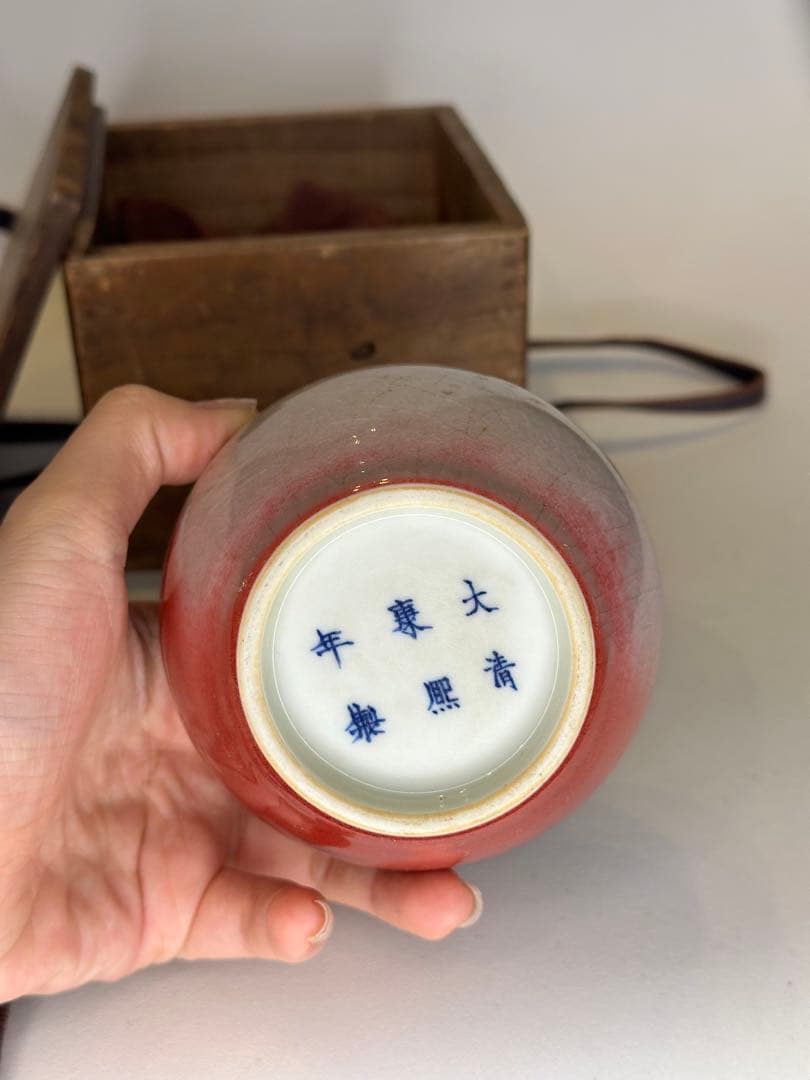 希少 清時代 大清康熙年製款 蘋果尊 朱釉 賞瓶 陶磁器 古美術 共箱 時代物