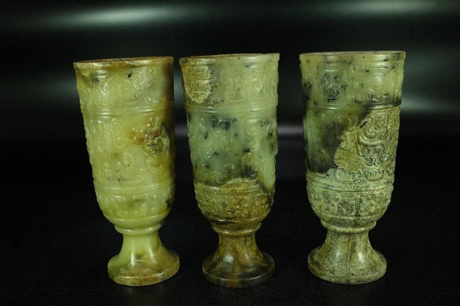 中国美術 砡石 刻 饕餮紋 杯 三件 コレクター蔵品(K-YC541)