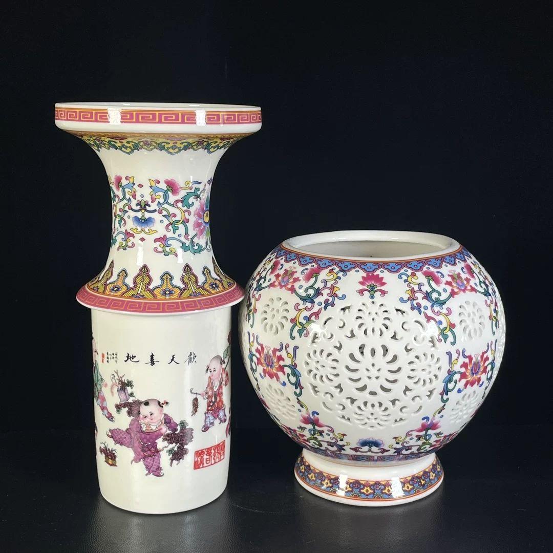 パステル嬉しく中空転心瓶 景徳鎮 陶磁器 装飾品 現代工芸品 美術品 置物