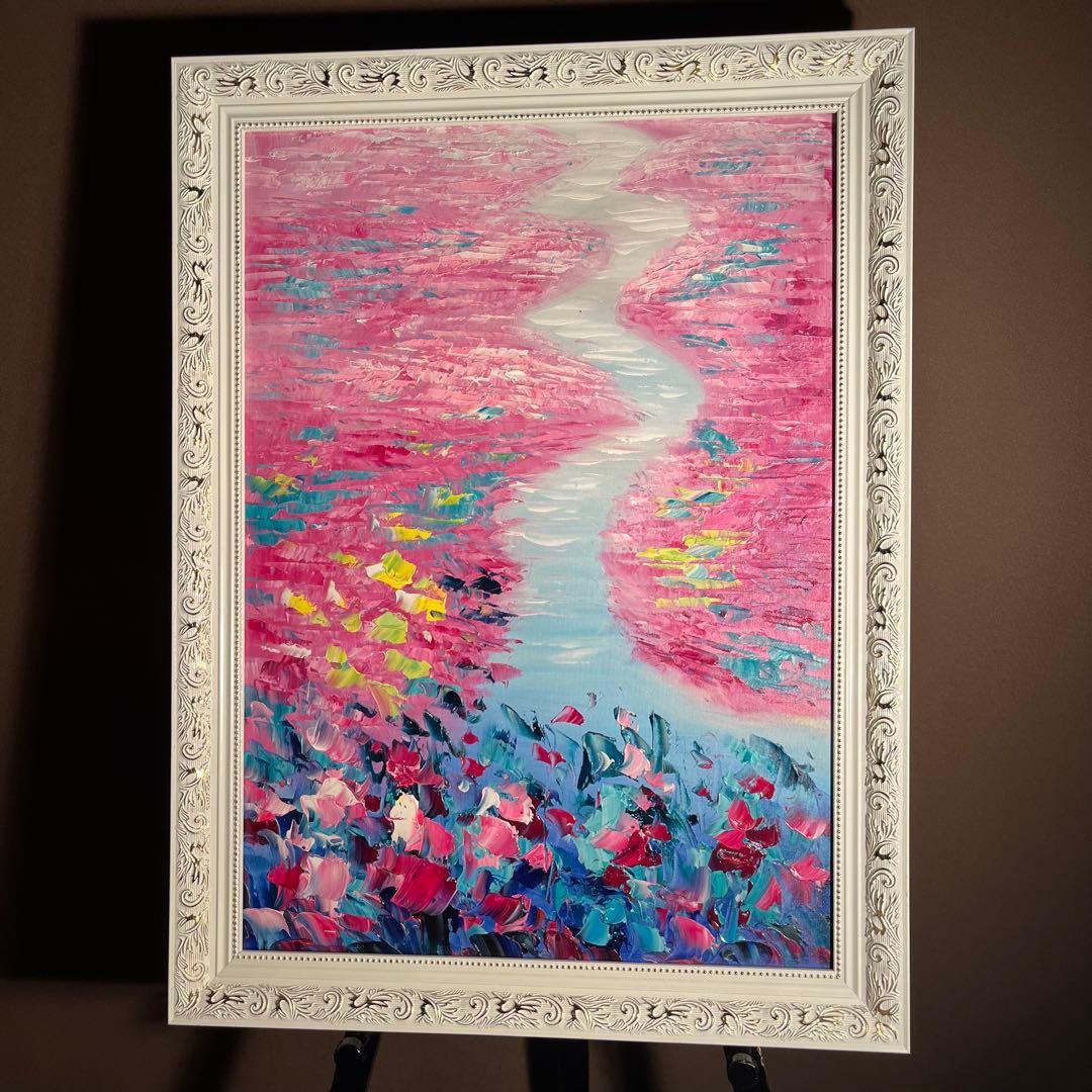 ★秀作★手描き油絵 朱に染まる睡蓮 額付 肉筆絵画 インテリア 油彩画