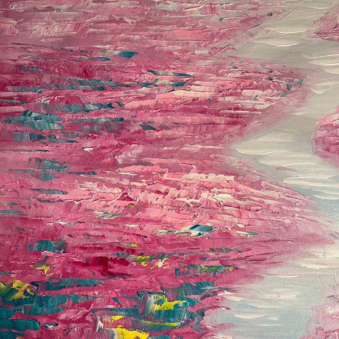 ★秀作★手描き油絵 朱に染まる睡蓮 額付 肉筆絵画 インテリア 油彩画