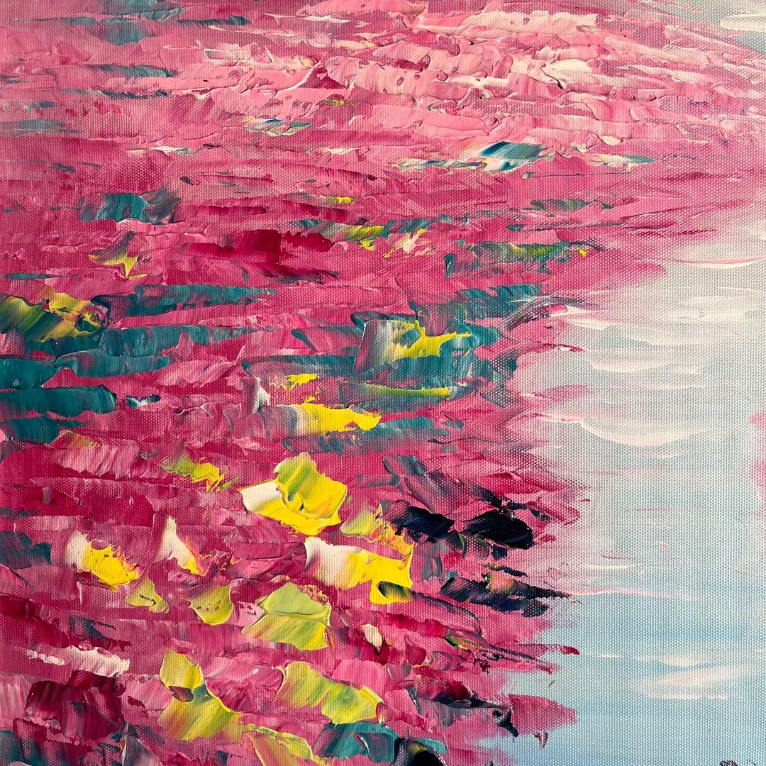 ★秀作★手描き油絵 朱に染まる睡蓮 額付 肉筆絵画 インテリア 油彩画