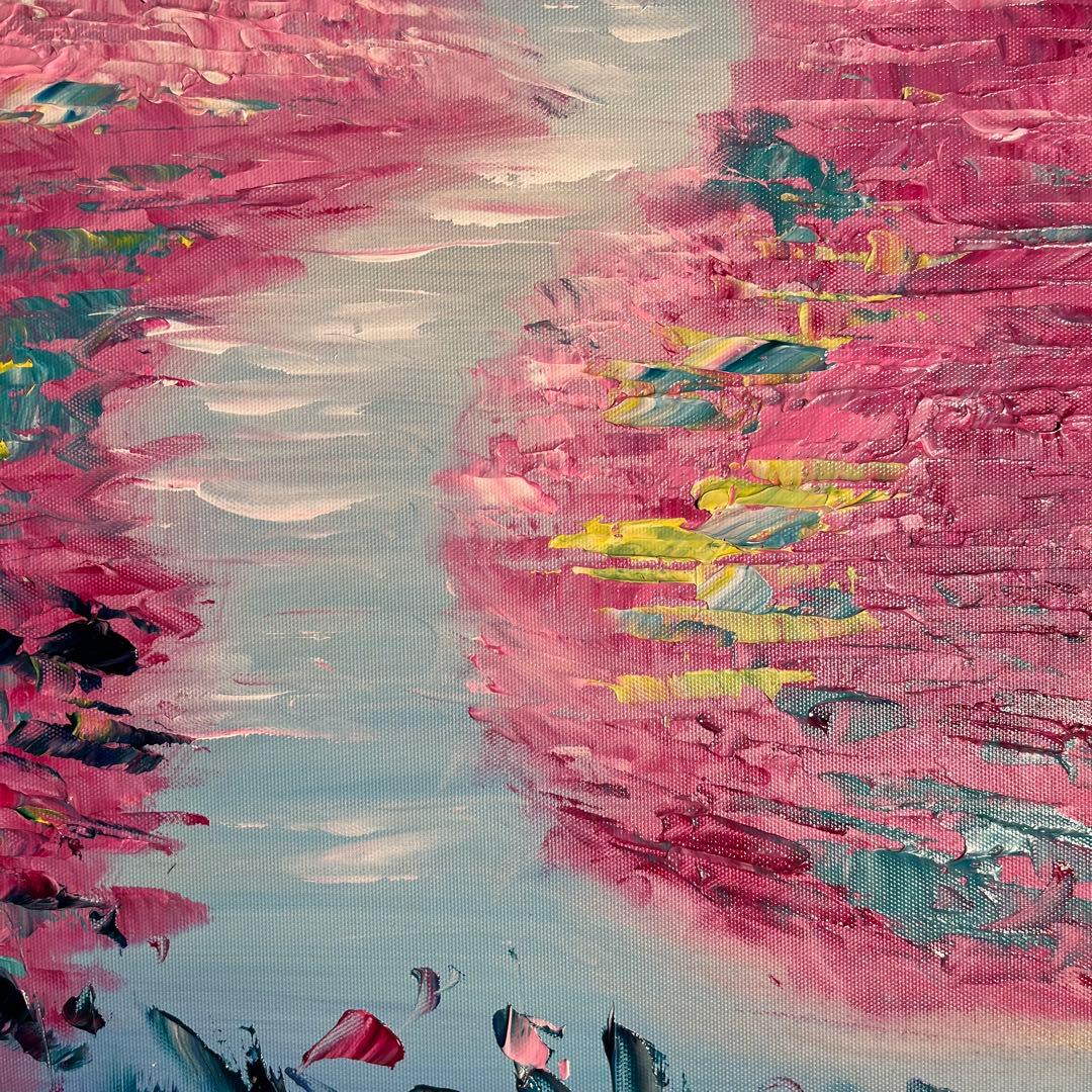 ★秀作★手描き油絵 朱に染まる睡蓮 額付 肉筆絵画 インテリア 油彩画