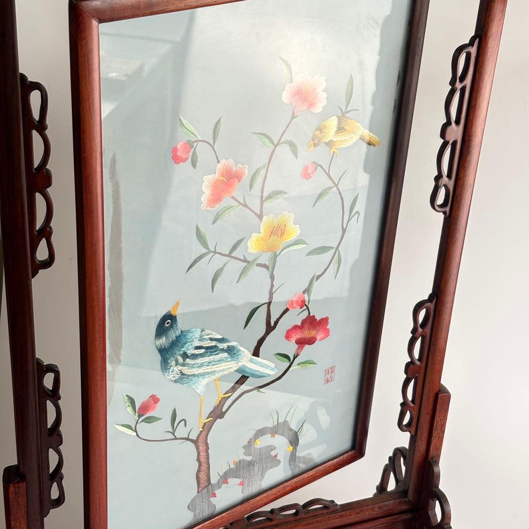 中国美術 中国刺繍 硯屏 両面刺繍 花鳥図