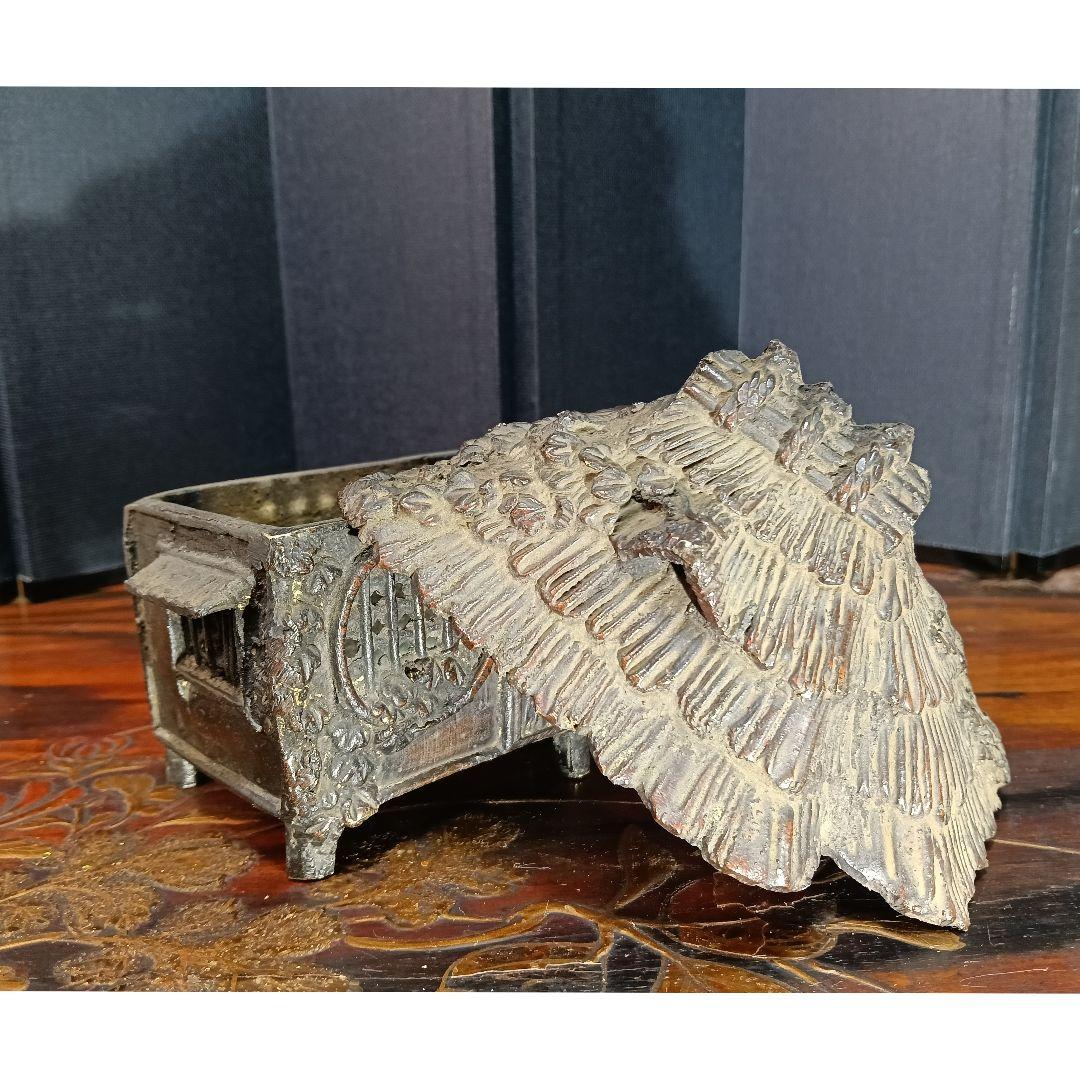 AO72 葛屋香炉 銅製 芦屋式香炉 銘有り 藁葺屋 古民家香炉 木箱