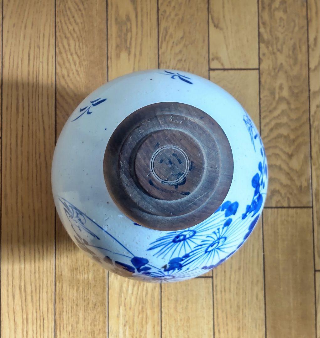 古い平清水焼　木製蓋付き　染付　大徳利