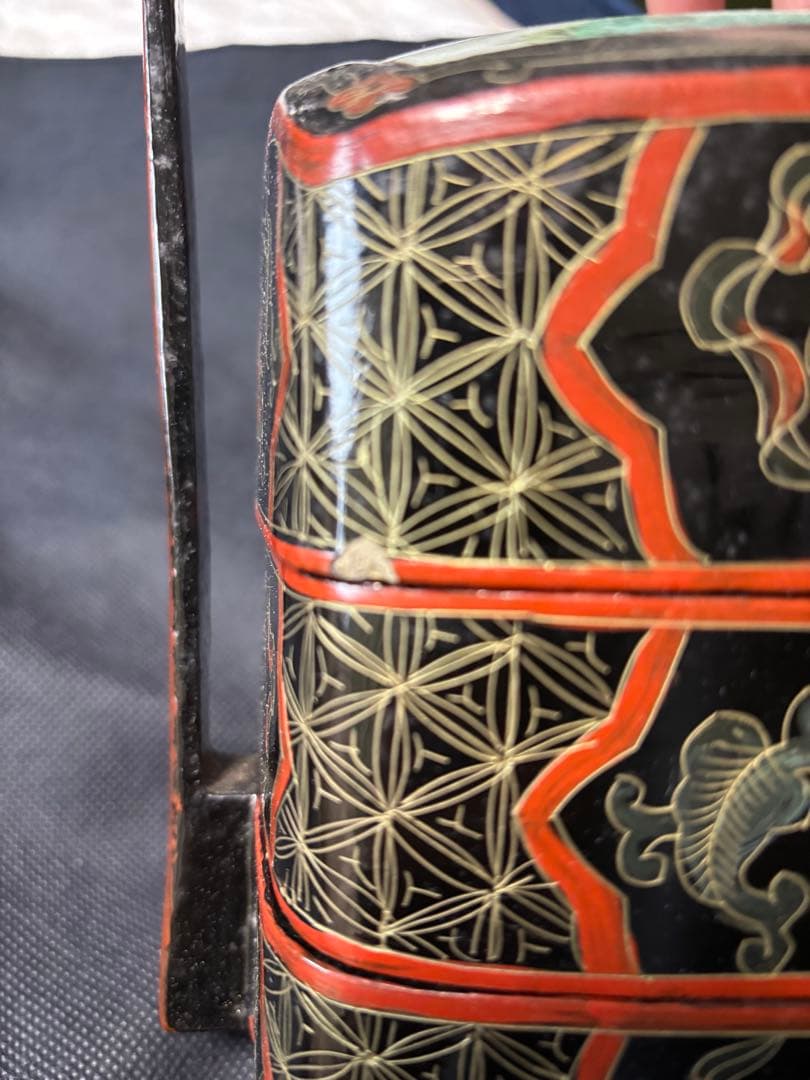 中国古美術品　清末民国時代　粉彩黒漆食匣　食盒 高さ約25cm