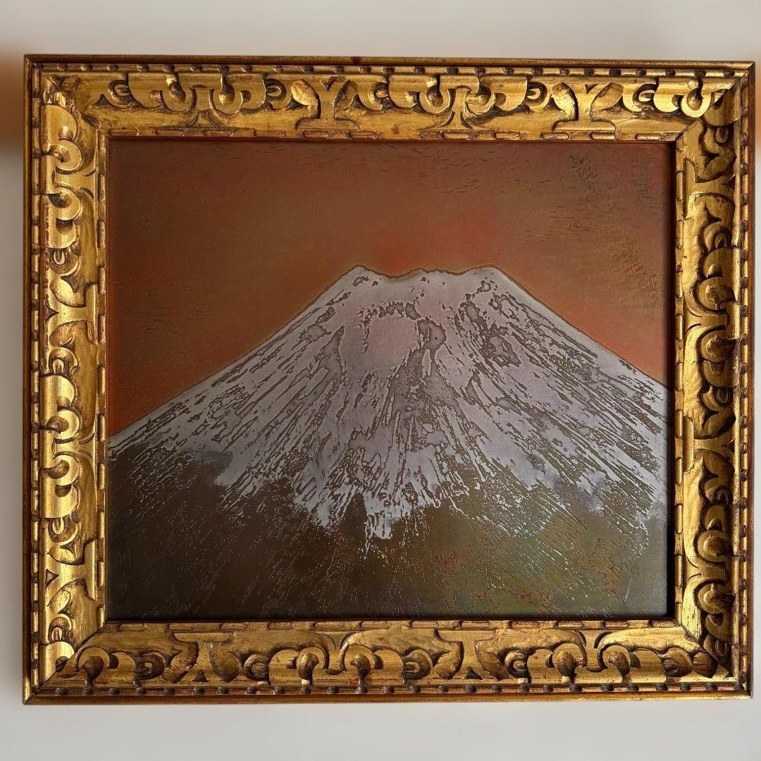 富士山 立体金属アート アンティーク調 金色木製額