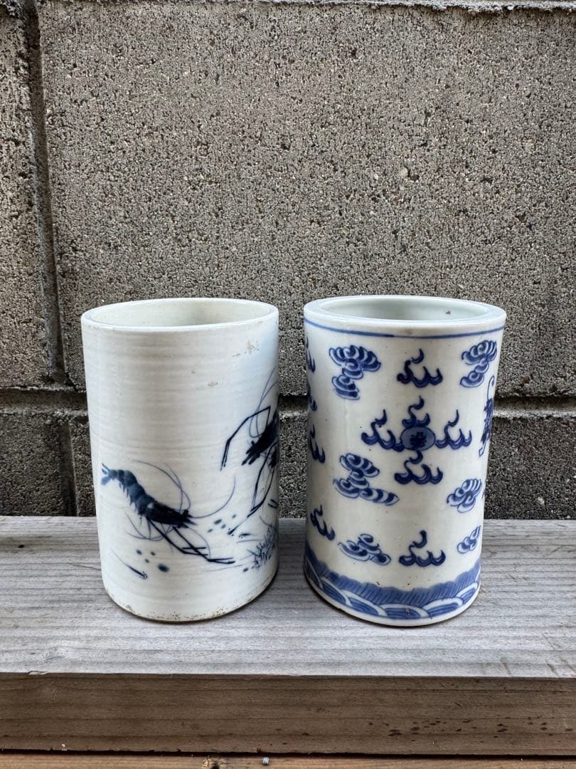 青白陶器 エビとドラゴンのカップ2個セット 中国　骨董品 花瓶