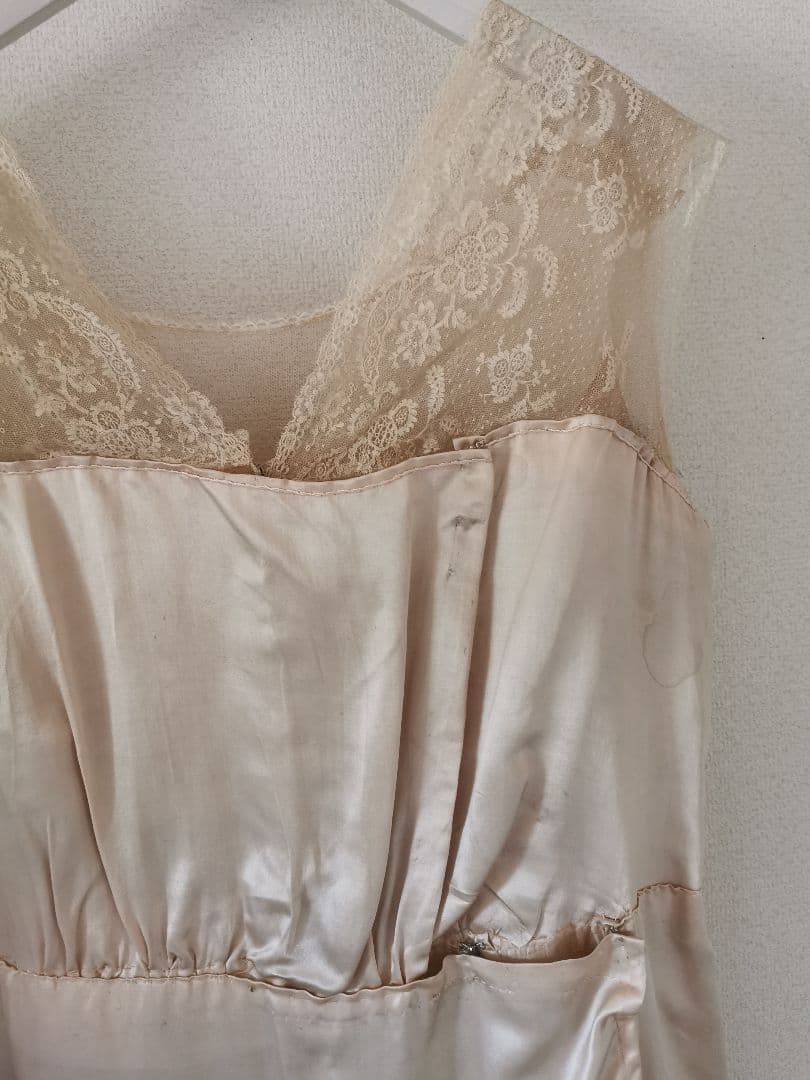 欧米アンティーク キャリックマクロスレース刺繍チュール パーティー シルクドレス