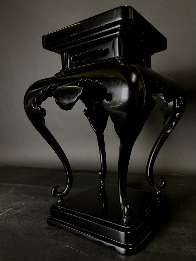 「母」 輪島塗 紫垣製 黒漆 高卓 香炉台 花台 共箱 （114F②）