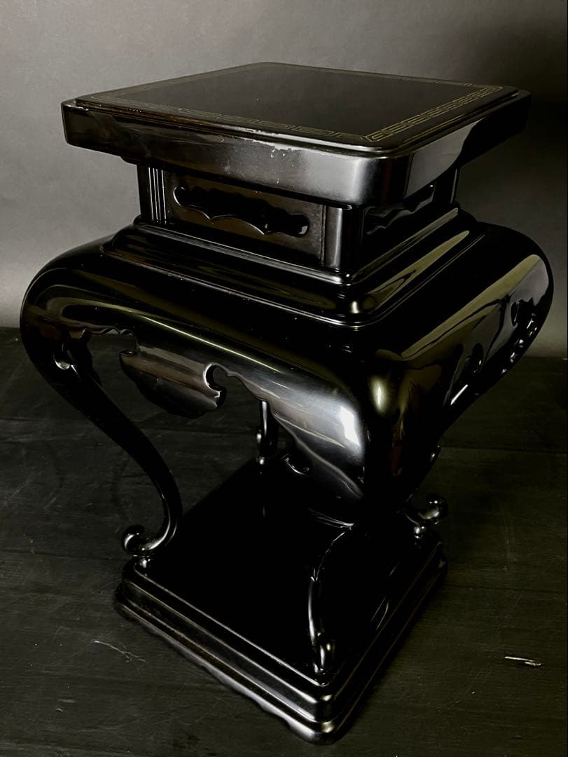 「母」 輪島塗 紫垣製 黒漆 高卓 香炉台 花台 共箱 （114F②）