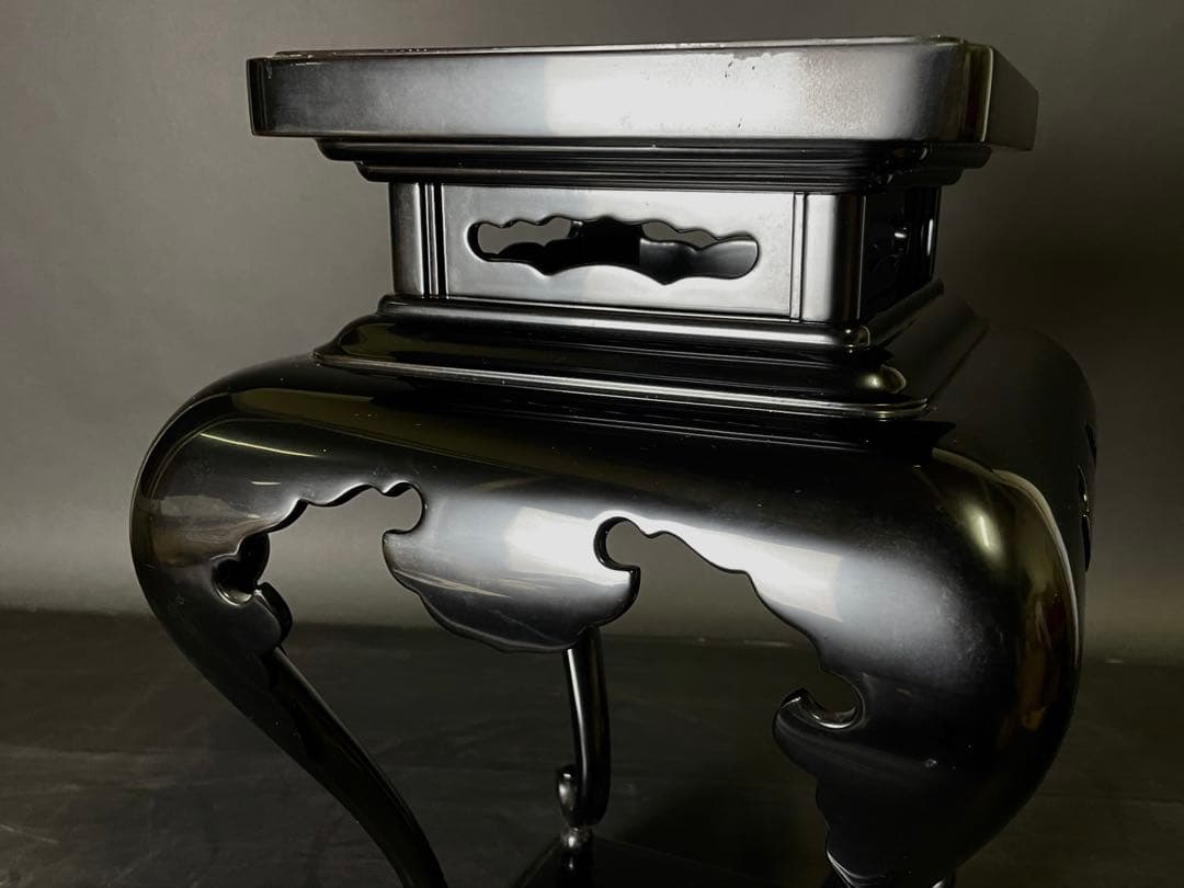 「母」 輪島塗 紫垣製 黒漆 高卓 香炉台 花台 共箱 （114F②）