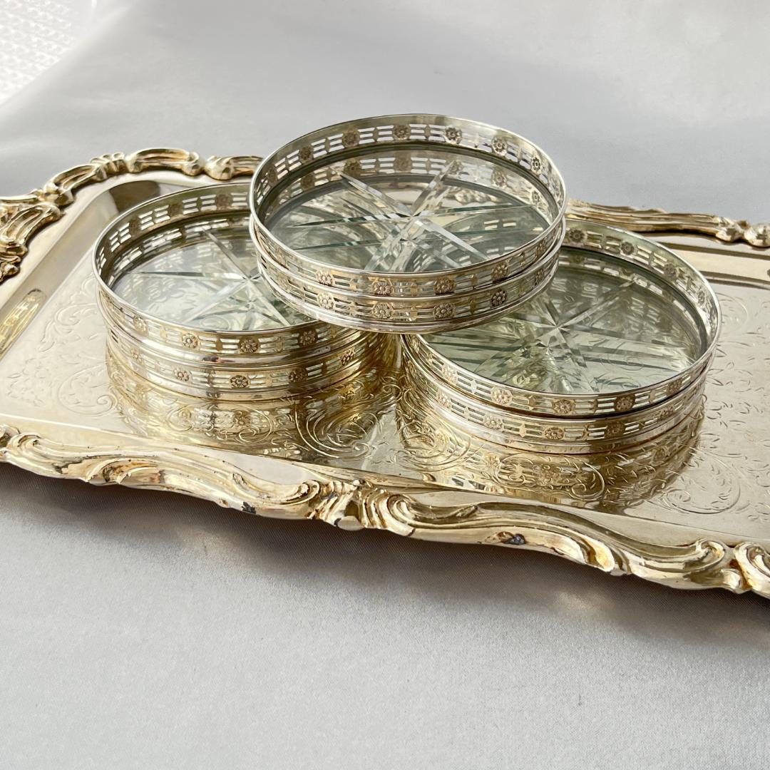 【WEBSTER】 フローラルのコースター 6枚【純銀/ガラス】 スターリング