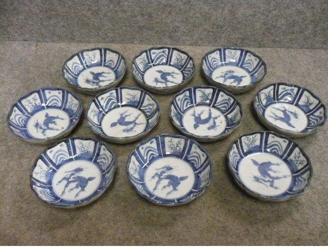 麒麟に仕切絵 伊万里 染付 なます皿 10枚 [B31331]