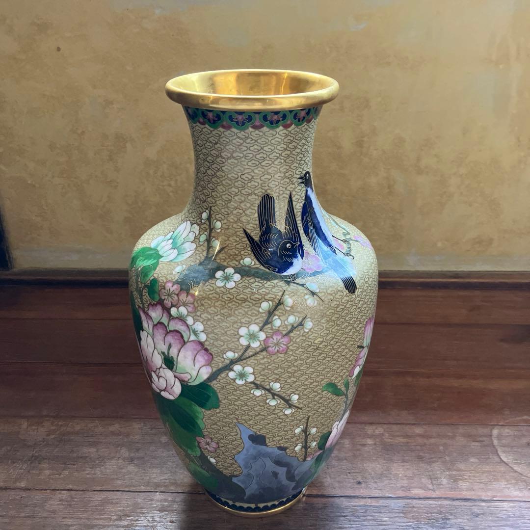 【専用】中国美術 七宝焼 金彩 花鳥図 梅に時鳥 大花瓶 花器 花詰 壺