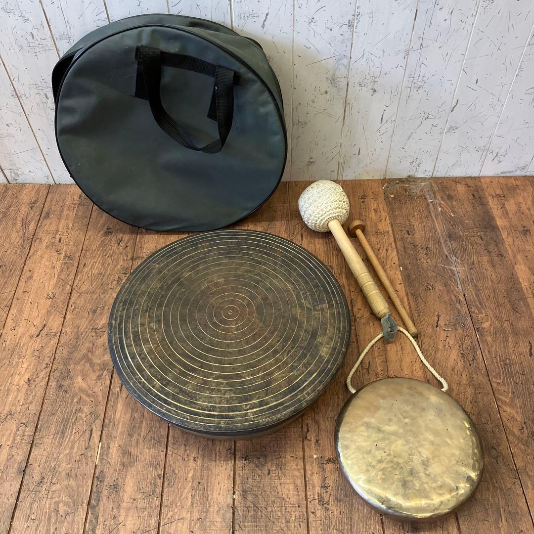 アンティーク 韓国楽器 打楽器 チン ケンガリ 銅鑼 鐘 2点セット 民族楽器