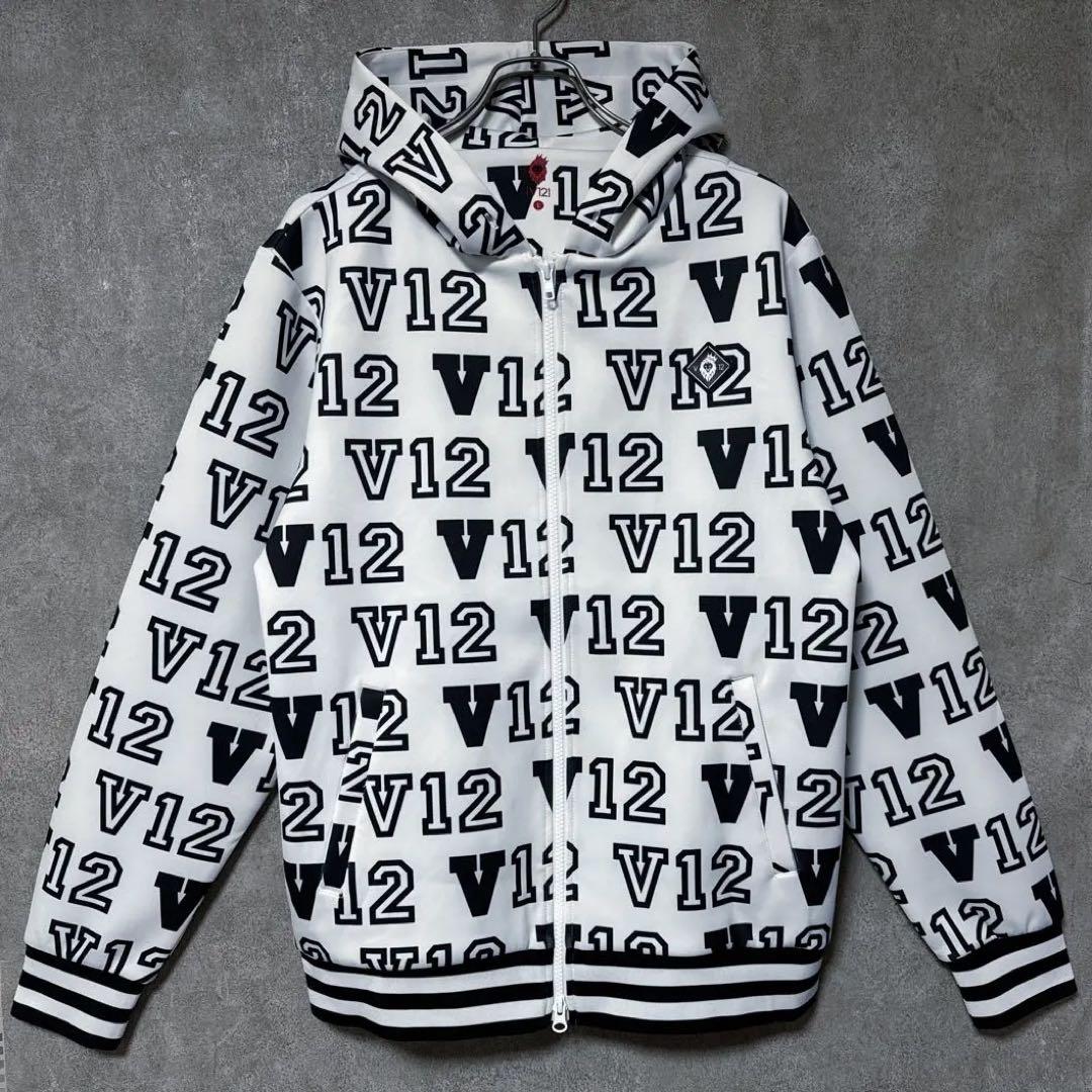 V12 ヴィトゥエルヴ ジップパーカー ジャケット 総柄 ロゴ ホワイト L