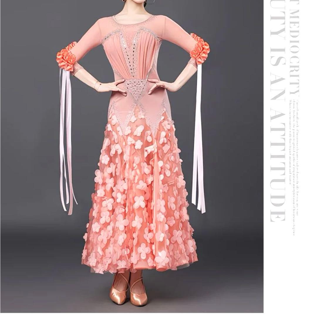 ピンク フラワー装飾 社交ダンスドレス Mサイズ
