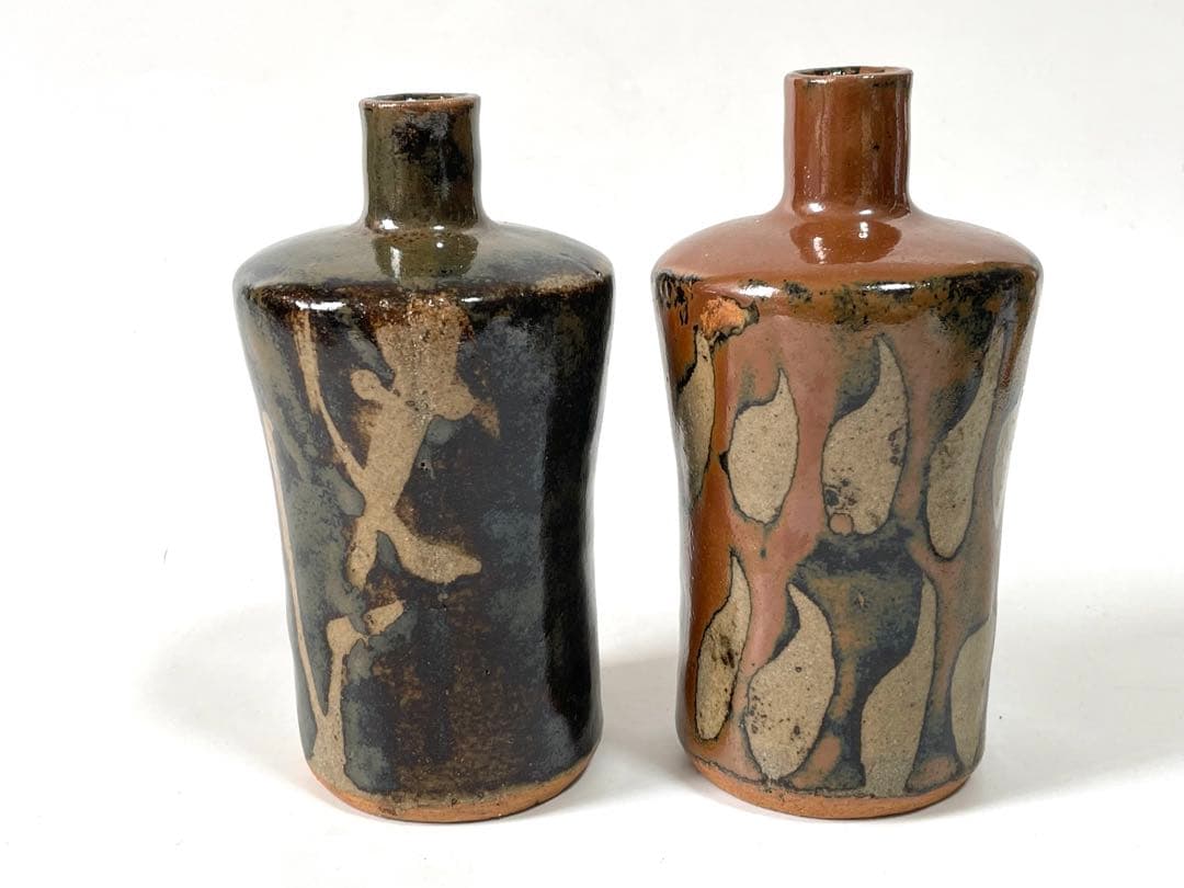 人間国宝　濱田庄司　浜田庄司　柿釉　鉄釉　酒器　徳利　盃　一対　共箱　トウキビ文