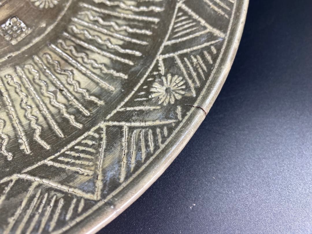 高麗青磁 大皿 象嵌 菊文 李朝 骨董 古玩 古美術 時代物 径28cm