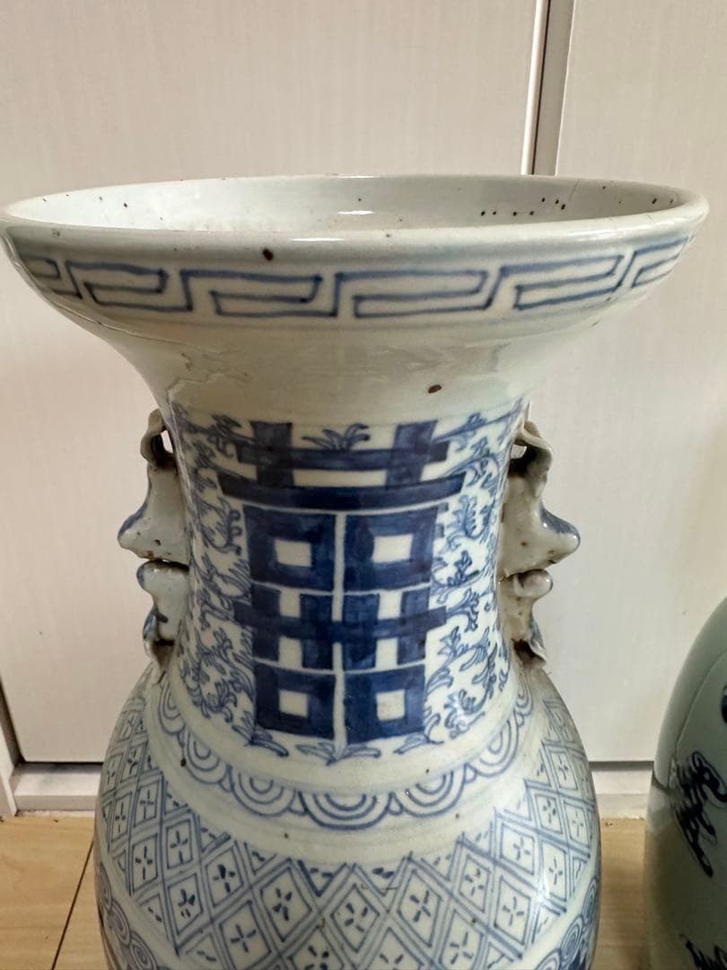 清時代　染付大花瓶　青華 獅子　骨董古美術